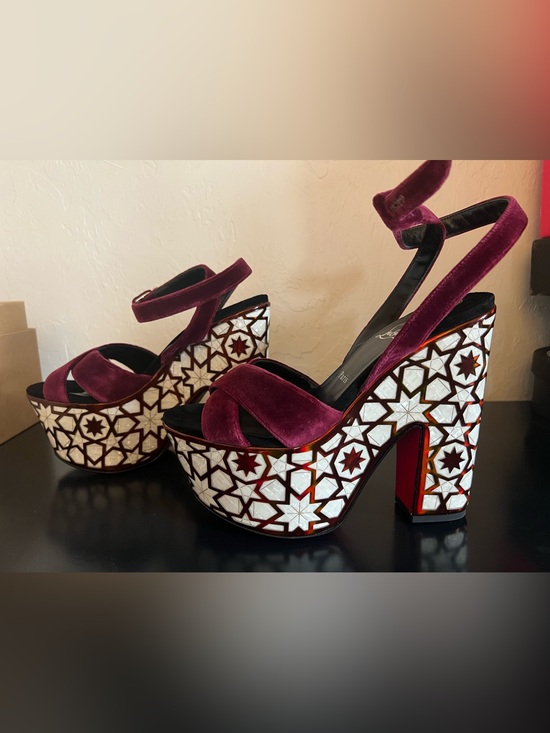 Christian Louboutin Shoes - Christian Louboutin Superyaz Burgundy Velvet Platform Sandals with Mosaic-Inlay